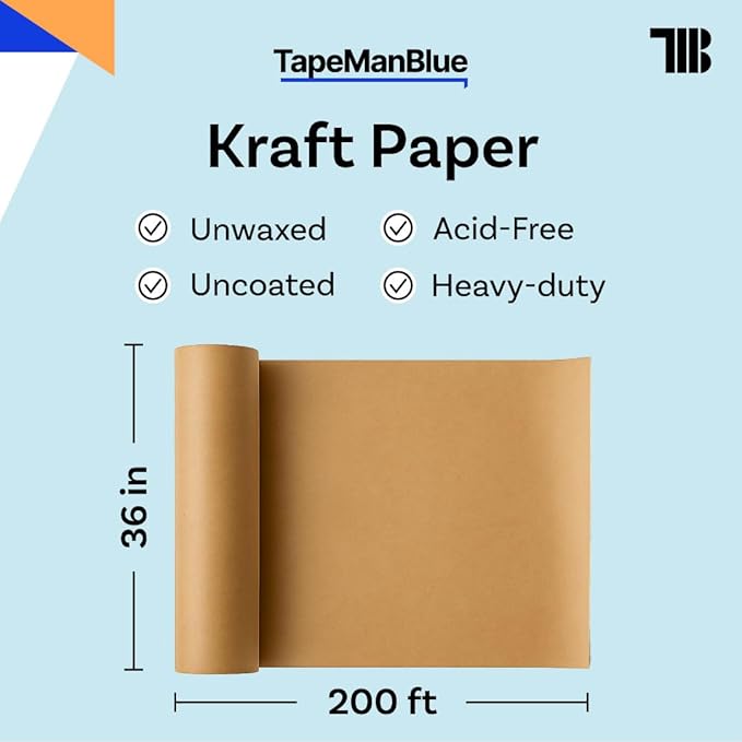 Kraft Paper Roll, 36" x 2400" (200'), Made in USA, 30 lb. Roll of Brown Paper for Banner, Poster, Crafts, Bulletin Board Backing, Kraft Table Cloth, Brown Construction for Shipping and Gift Wrapping