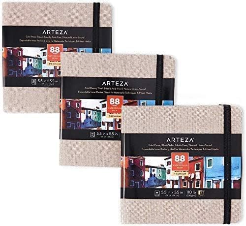ARTEZA Watercolor Sketchbook, 3-Pack, 88 Pages Each, 5.5 x 5.5 Inches, Gray Hardcover, 110-Pound Paper