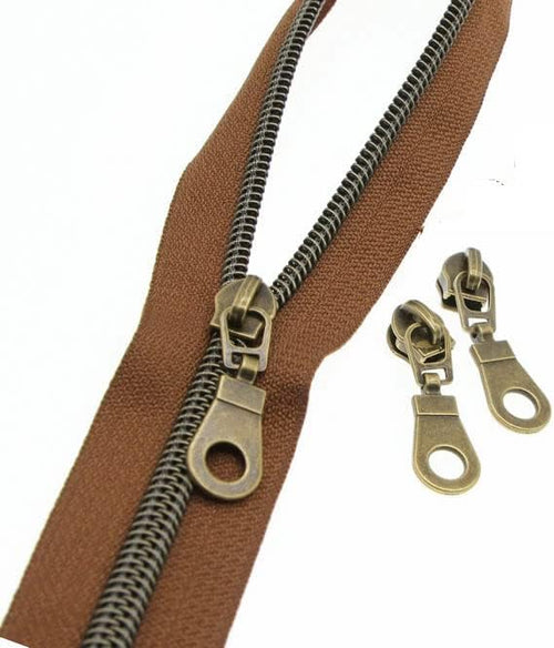#5 Antique Brass Metallic Nylon Coil Zippers by The Yard Bulk Brown Zipper Tape 10 Yards with 25Pcs Pulls for DIY Sewing Craft Bags YIGUANXIN