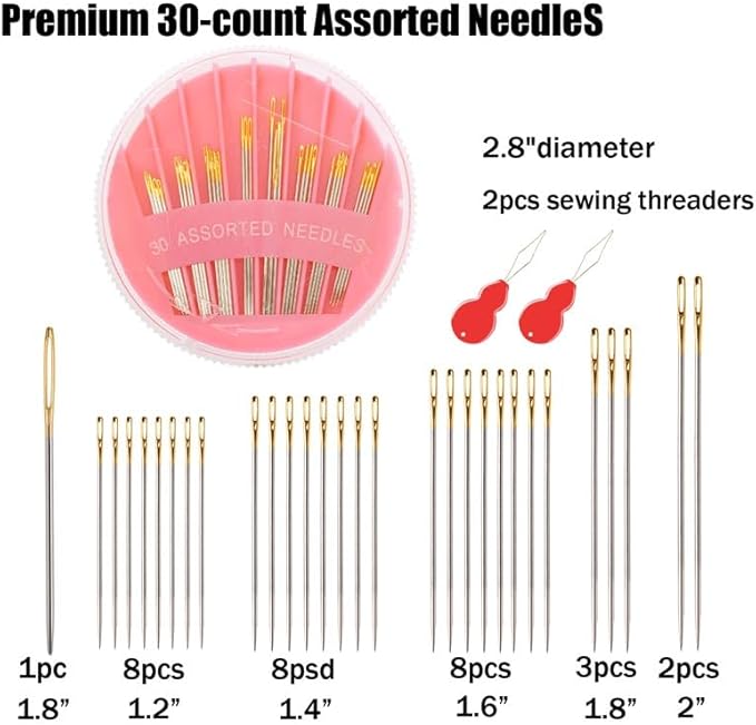 JollMono 30Pack Premium Sewing Needles for Hand Sewing Repair, 6 Sizes Assorted Needles with 2 Threaders, Hand Sewing Needles, Large Eye Stitching Needles, Embroidery Needles, Sewing Sharp Needles