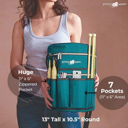 Designer Stitch Happy Crocheting Kit: 52 Piece Crochet Kit for Beginners & 7 Pocket Yarn Bag, Signature Yarn Storage - Peacock