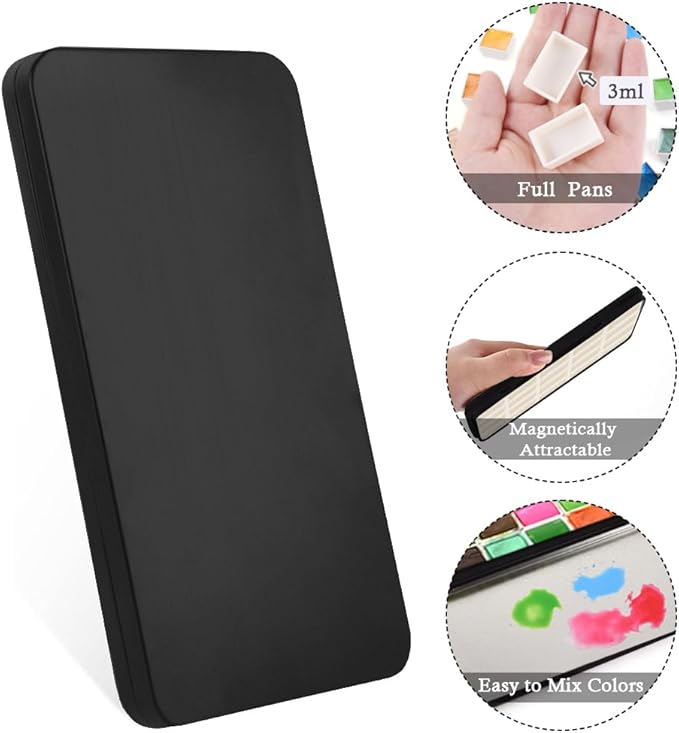 Portable Watercolor Paint Palette with Tins, Lightweight Empty Full Pans with Magnetic Squares, Metal Paint Tray Palettes for Travel, Acrylics Painting and Art, 20Full Pans,Black