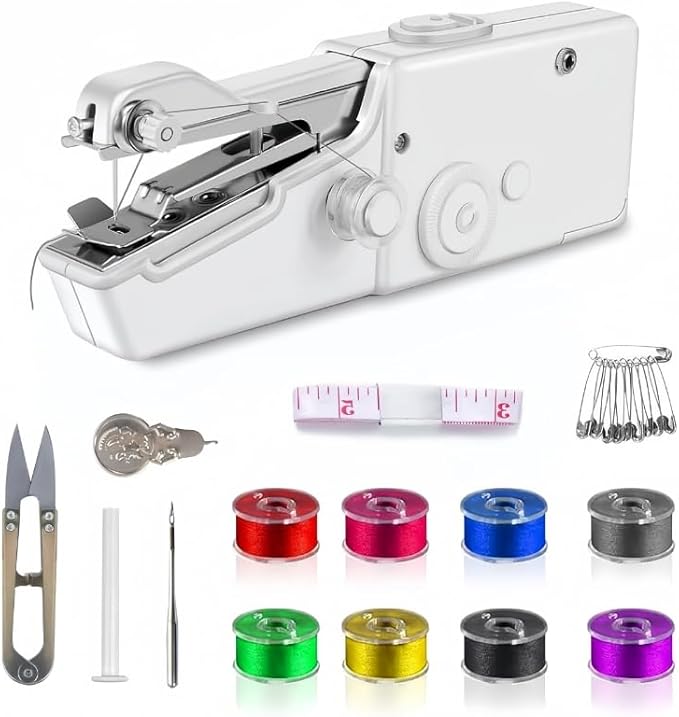 Handheld Sewing Machine,Sewing Machines for Beginners,Portable Electric Mini and Samll Hand Held Kit for Adults Included Mannual and Accessories,Sewing Hem Quick Stitching (White-01)