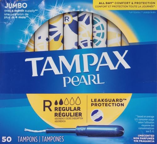 Tampax Pearl Tampons Regular Absorbency, with Leakguard Braid, Unscented, 50 Count (Pack of 2)