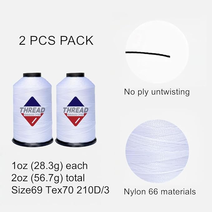 Sissewpro 1oz 375 yds Each 2 Pack Tex70 Bonded Nylon Thread 69 Upholstery Thread Heavy Duty Threads for Leather Sewing Machine, Beading, Hair Weaving, Denim, Canvas,Webbings 2oz Total（2, White）