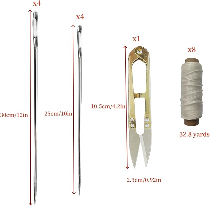 17 Pcs Lei Needle Kit Include 8 Pcs Stainless Steel Long Needle 8 Rolls Lei Needle Twine 1 Sewing Scissors 4.1inch for DIY Graduation Hawaiian Malay Flower Lei Craft Making