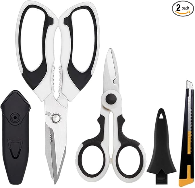 Scissors Heavy Duty Set, Ultra Sharp Stainless Steel Shears with Protective Cover, Easy Cutting Cardboard, Wires, Fabric, Leather, Iron Mesh (White)