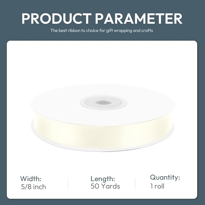 KMER LIFE 5/8" Wide x 50 Yards Ivory Single Faced Polyester Satin Ribbon - Perfect for Wedding Decor, Wreaths, Crafts, Gift Wrapping & Other Projects