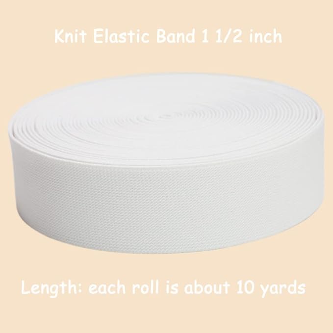 White Knit Elastic Band 1-1/2 inch 10 Yards 38mm Double-Side Twill Woven Elastic Heavy Stretch Straps Elastic Spool Band for Sewing Clothing Pants Waistband Wigs Skirts Craft DIY Projects