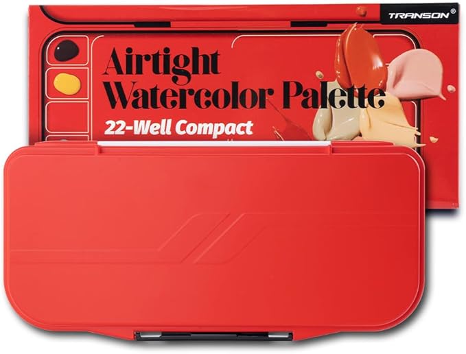 Transon Watercolor Palette Folding with Lid 18wells 2 Mixing Areas and 1 Large Mixing Tray Also for Gouache Acrylic Paint Palette Red Color