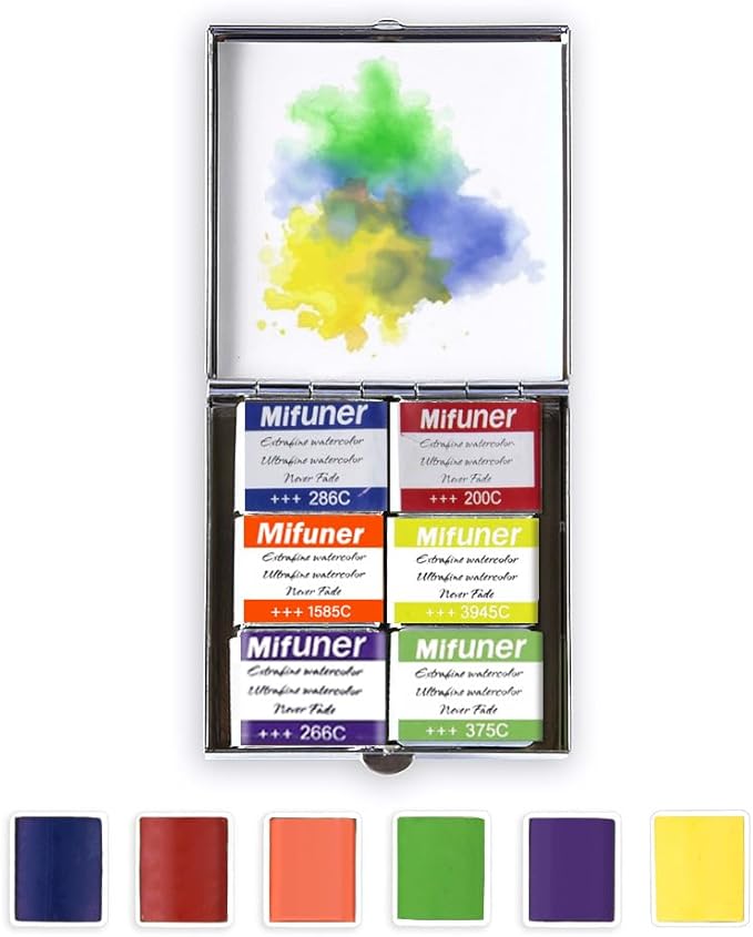 Mini Portable Handmade Artist Watercolor Paint Travel Metallic Box Set with 6 Solid Watercolor Half Pans (Each Capacity Approx 1.5ml).Mix Color 11