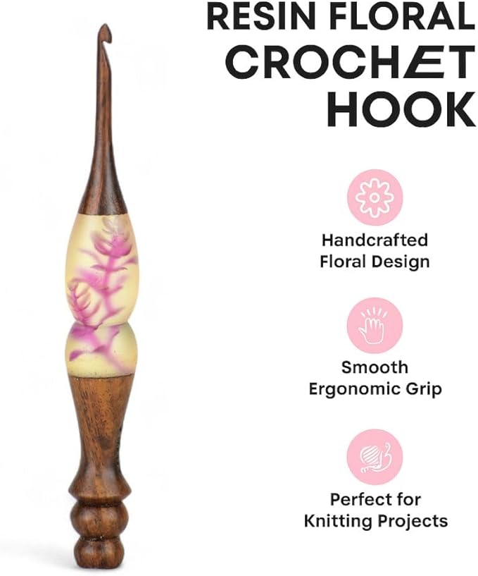 Resin Floral Crochet Hook Set – Ergonomic Wooden Handle with Handcrafted Flower Design, Comfortable Grip Crochet Needles for Knitting & DIY Craft Projects (Brown, 8 mm)