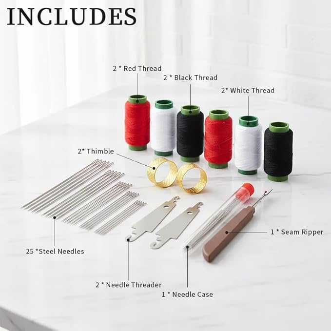 37Pcs Steel Needles for Fand Sewing Kit, Big Eye Steel Sewing Needles Kit, Stainless Steel Needles for Hand Sewing Kit with Thread Ripper, Needle Threaders, Threads and Thimbles