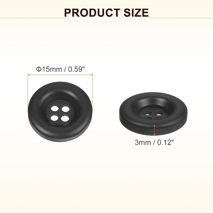 HARFINGTON 50pcs Sewing Button 15mm (5/8 Inch) 4 Holes Resin Thickened Round Crafting Replacement Buttons for Clothing DIY Crafts Decoration, Black