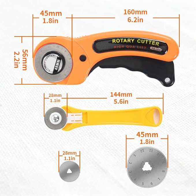 Rotary Cutter for Fabric, 45mm and 28mm Rotary Cutters Kit with Extra 10 Blades, Ergonomic Rolling Cutter with Safety Lock, Suitable for Leather, Crafting, Sewing, and Quilting Fabric (Orange)