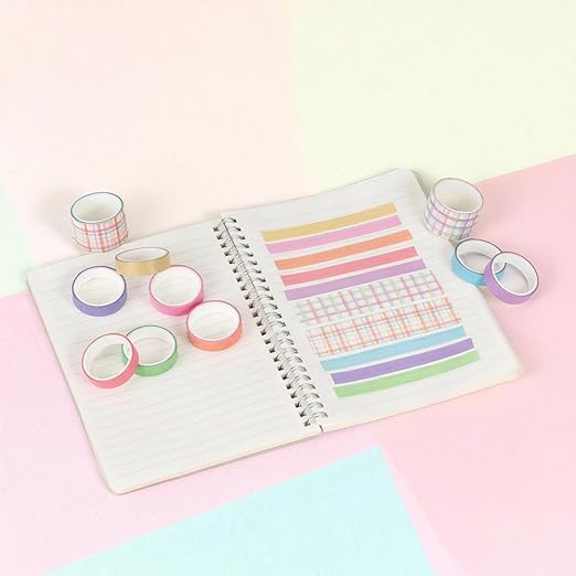 10 Rolls Washi Tape Set, Solid Color & Grid Decorative Tapes for Journals, Scrapbooking, Gift Wrapping, Decor & Crafts (Macaron)