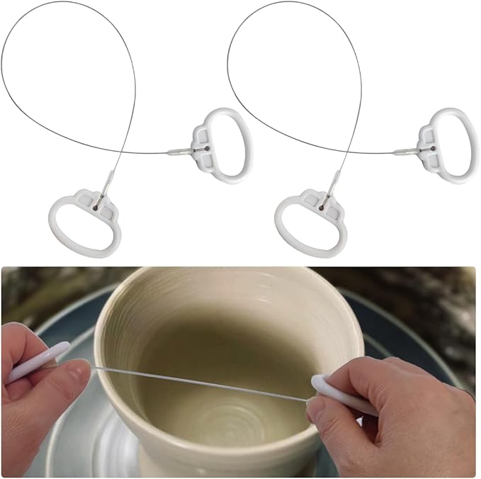 2 Set Mud Pottery Wire Tools, Wire Rope Clay Cutting Wire, Pottery Trimming Tools with White Comfort Handles, Clay Wire Cutters, Ceramics Cut Off Tools