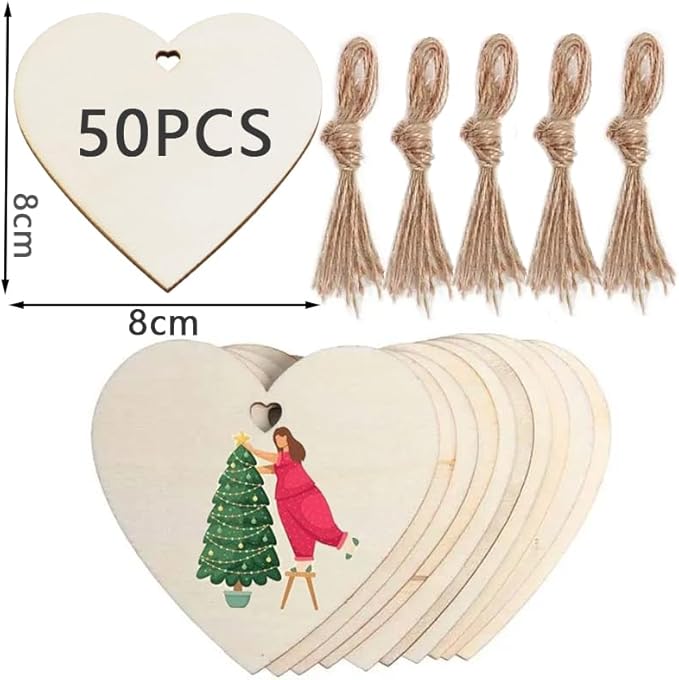 50 Pcs Wooden Ornaments, BetterJonny 3.15 * 2.56in Unfinished Natural Wood Slices with Holes Blank Wood Discs with 50pcs Jute Rope for DIY Christmas Decoration
