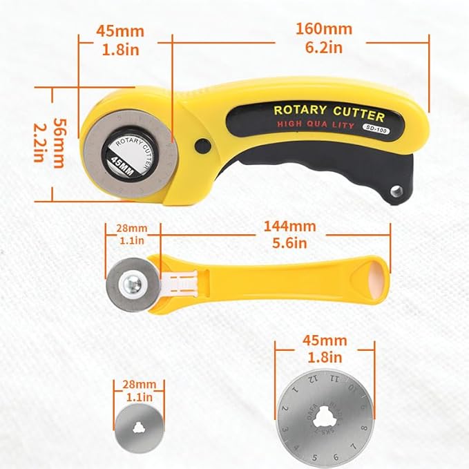 Rotary Cutter for Fabric, 45mm and 28mm Rotary Cutters Kit with Extra 10 Blades, Ergonomic Rolling Cutter with Safety Lock, Suitable for Leather, Crafting, Sewing, and Quilting Fabric (Yellow)