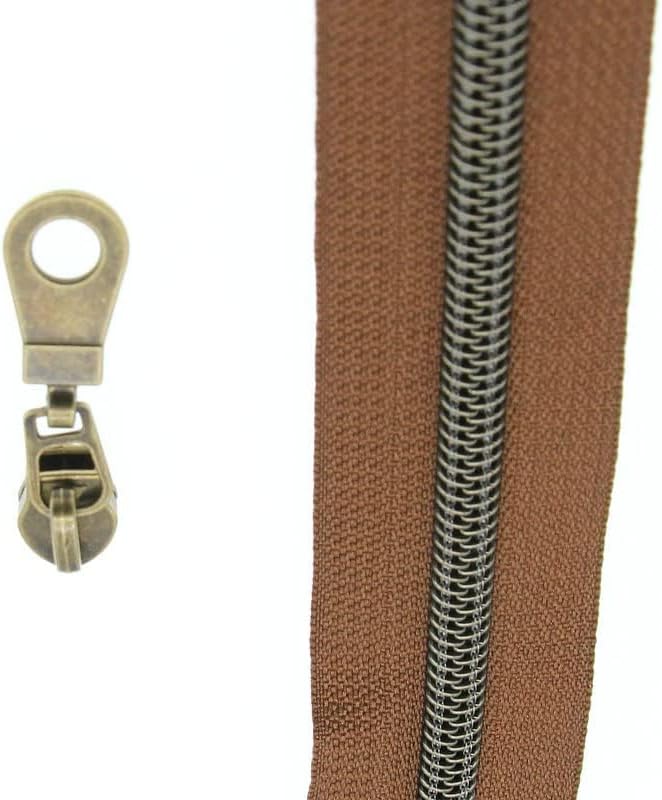 #5 Antique Brass Metallic Nylon Coil Zippers by The Yard Bulk Brown Zipper Tape 10 Yards with 25Pcs Pulls for DIY Sewing Craft Bags YIGUANXIN