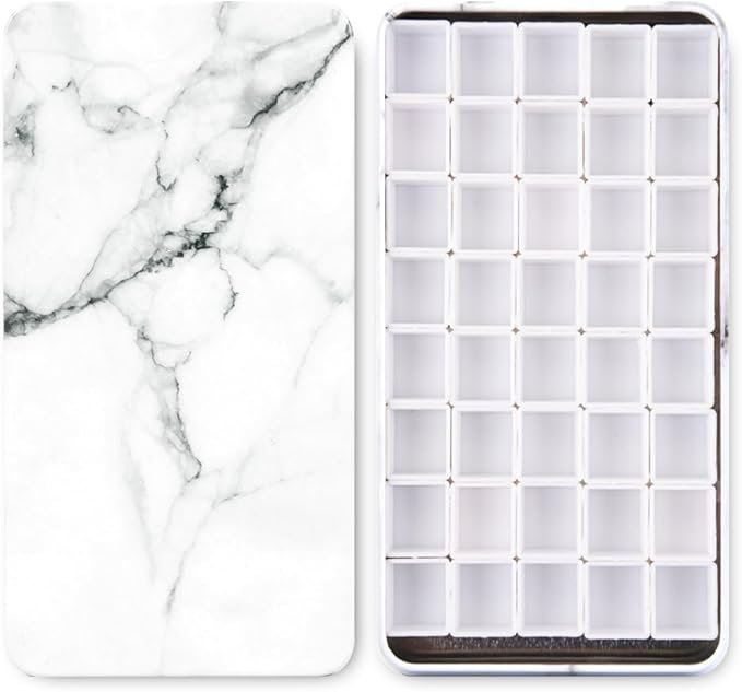 Portable Watercolor Tins Paint Palette with 40Pcs Empty Half Pans and Magnetic Squares, Small Travel Metal Paint Box with Acrylics Painting Art Drawing.Marble