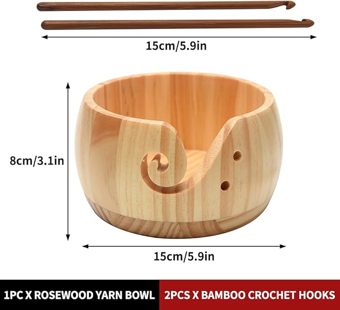 Wooden Yarn Bowl with Bamboo Crochet Hooks, Knitting Accessories DIY Hand Craft Yarn Holder Dispenser Storage Bowl for Skeins, Birthday Gifts for Crocheters Knitting Lovers(Color:Varnish Color)
