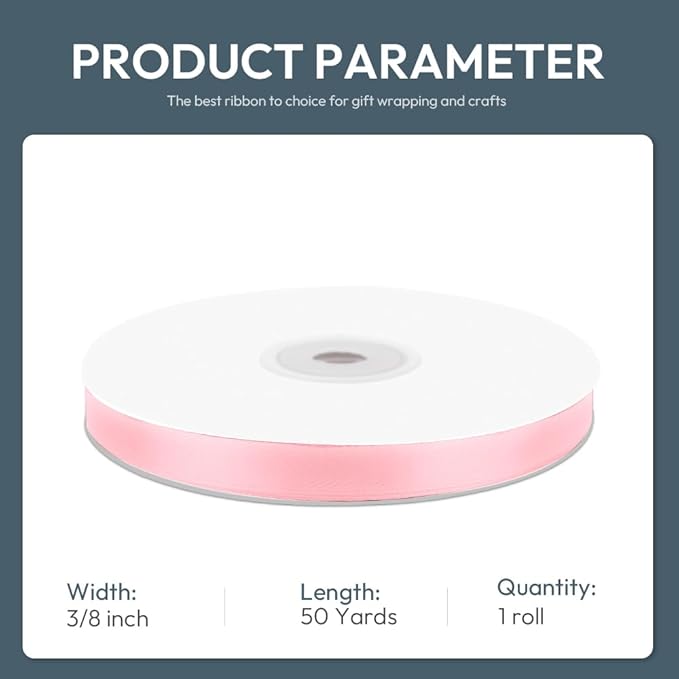 KMER LIFE 3/8" Wide x 50 Yards Pink Satin Ribbon - Perfect for Wedding Decor, Crafts, Gift Wrapping & Other Projects
