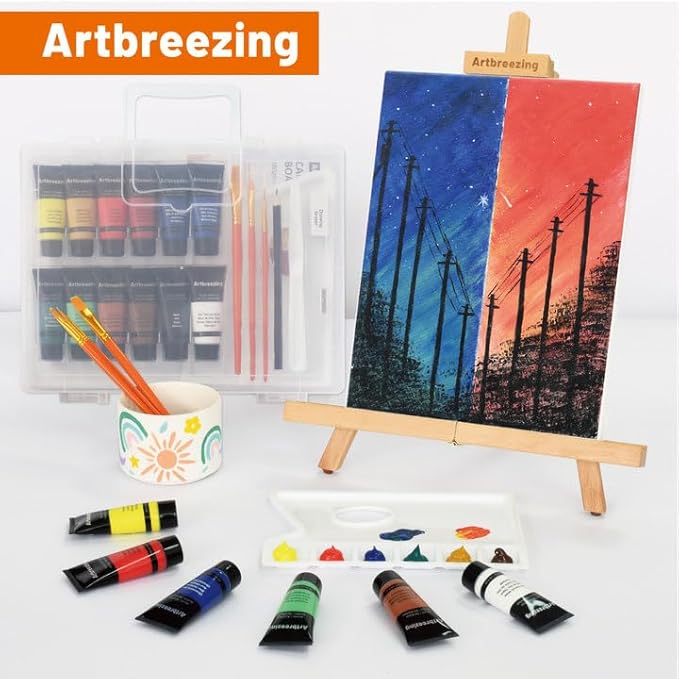 Artbreezing 25pc Tabletop Easel Painting Set,Acrylic Paint,Portable Easel,Brushes,Canvas,Apron, Plastic Carry Case,Art Set for Kids,Adults,Beginners,Artists (SET-25PCS-12 * 22ML)
