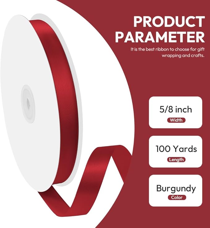 5/8" x 100 Yards Satin Ribbon - Burgundy Silk Ribbon with Spool - Ideal for Gift Wrapping, Floral Bouquets, Crafts, Wedding Party Decorations, Christmas and Sewing Projects