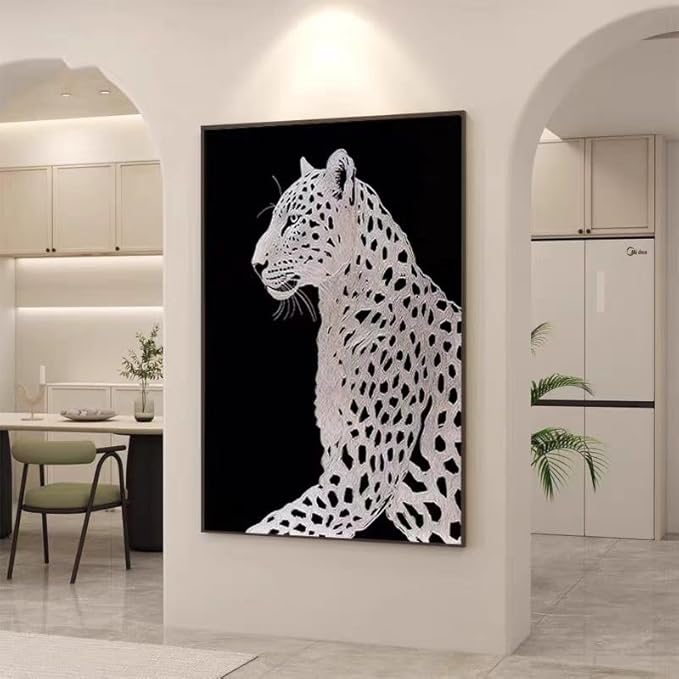 Modern Black and White Leopard Wall Art Canvas, Large Contemporary Wildlife Home Decor, 24x36 inches