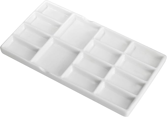 8" Porcelain Watercolor Palette - 14 Well Ceramic Artist Paint Palette with Mixing Tray for Painting and Craft Projects