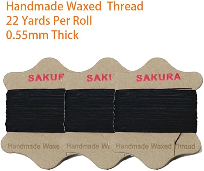 SAKURA Upholstery Repair Kit, 0.55mm ，Round Waxed Sewing Thread (3 Colors) & Heavy Duty Needles (7 PCS) for Leather, Canvas & Quilting Thread (3-Black)