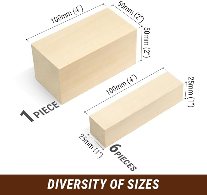 BeaverCraft Basswood Carving Blocks 7PCS Whittling Wood Kit - Soft Wood Block for Crafts, Basswood for Carving, Unfinished Wooden Blank Set BW7