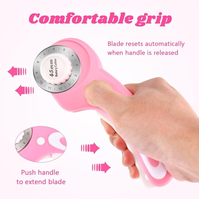 45mm Rotary Cutter for Fabric with 10 pcs Blades,Pinking Rotary Cutter for Quilting Crafts Sewing (Pink)