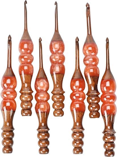 Wooden Crochet Hooks Set for Arthritic Hands | Ergonomic Soft Grip - Resin Mix Indian Rosewood Crochet Hook Set for Crocheting & Knitting (Orange, Set of 7)