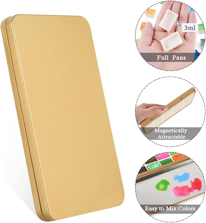 Portable Watercolor Paint Palette with Tins, Lightweight Empty Full Pans with Magnetic Squares, Metal Paint Tray Palettes for Travel, Acrylics Painting and Art, 20Full Pans,Gold