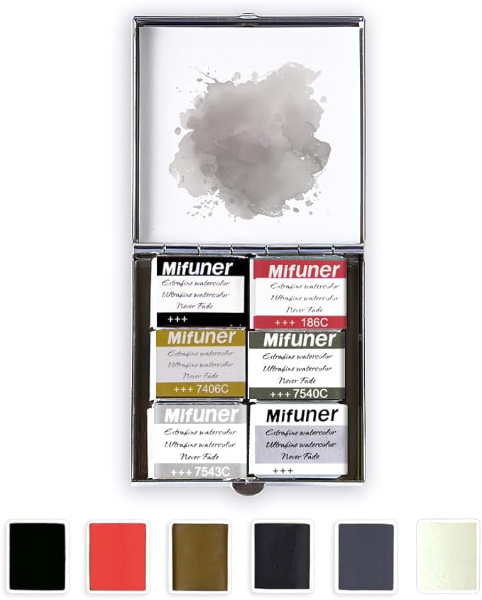 Mini Portable Handmade Artist Watercolor Paint Travel Metallic Box Set with 6 Solid Watercolor Half Pans (Each Capacity Approx 1.5ml).Mix Color 09