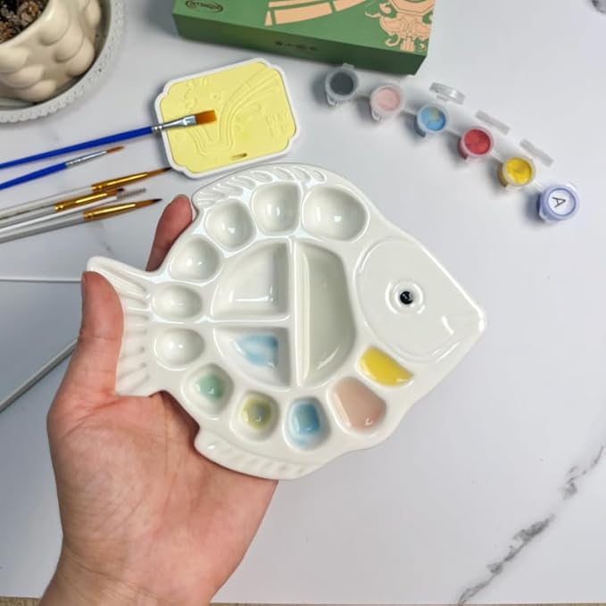 Ceramic Watercolor Palette - Whimsical Fish Design Paint Tray with Tail Brush Rest & Golden Triangle Mixing Zone, White Glazed Ceramic Artist Palette Suitable for all pigments - Painter's Gift