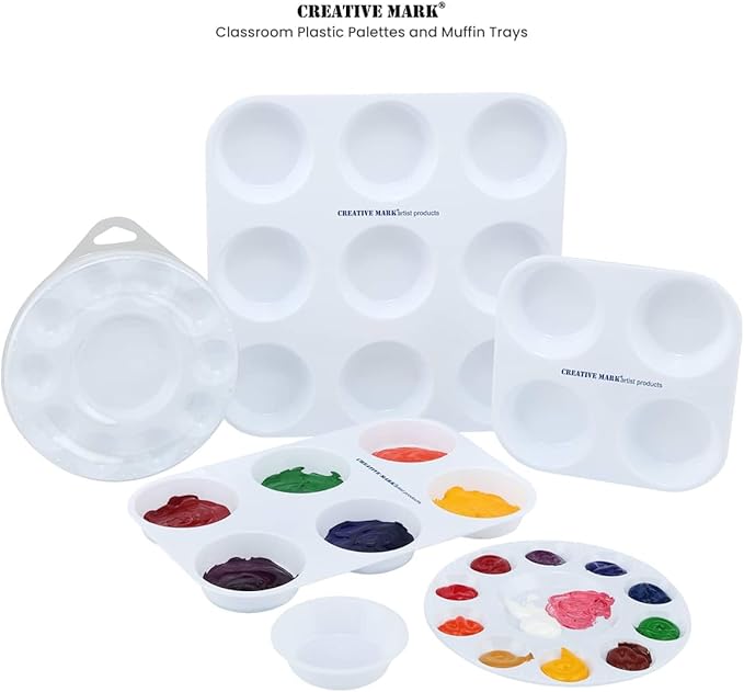 Creative Mark 10-Well Round Plastic Paint Palette with Lid - Pack of 12, Durable, Reusable, Solvent-Resistant, with Oversized Paint Wells for Students, Artists, Teachers - 7.4ml (0.25oz) per Well