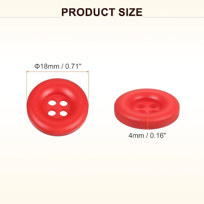 HARFINGTON 50pcs Sewing Button 18mm (11/16 Inch) 4 Holes Resin Thickened Round Crafting Replacement Buttons for Clothing DIY Crafts Decoration, Red