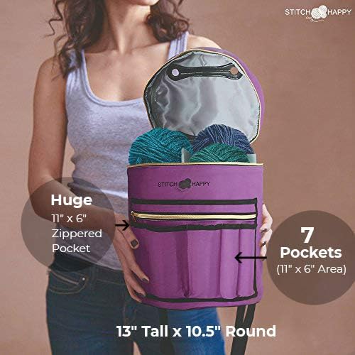 Designer Stitch Happy Crocheting Kit: 52 Piece Crochet Kit for Beginners & 7 Pocket Yarn Bag, Signature Yarn Storage - Lilac