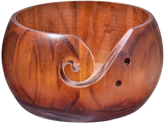 HONEYSEW Wooden Yarn Bowl, Knitting Yarn Bowl with Holes Storage Handmade to Prevent Slipping, Perfect Yarn Bowl for Crocheting and Knitting 6" x 3"
