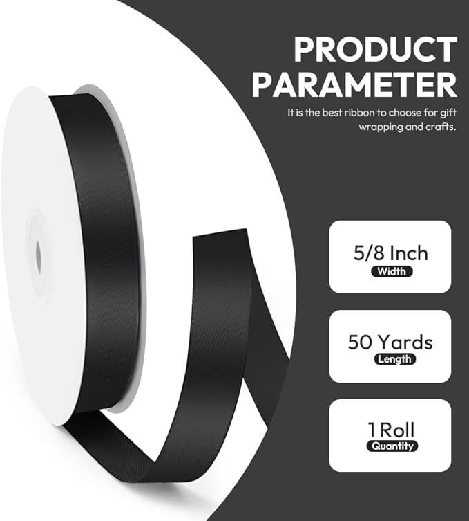 5/8" x 50 Yards Satin Ribbon - Black Silk Ribbon with Spool - Ideal for Gift Wrapping, Floral Bouquets, Crafts, Wedding Party Decorations, Christmas and Sewing Projects