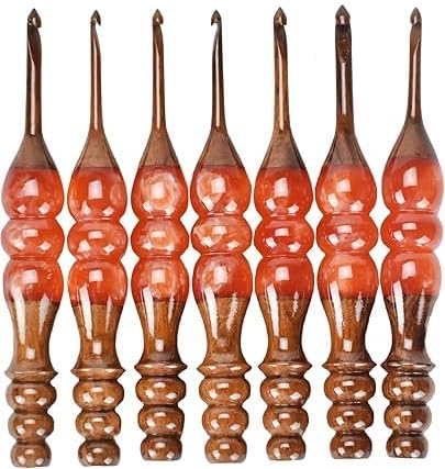 Wooden Crochet Hooks Set for Arthritic Hands | Ergonomic Soft Grip - Resin Mix Indian Rosewood Crochet Hook Set for Crocheting & Knitting (Orange, Set of 7)