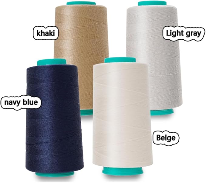4 Pack of Serger Threads Cones Spools, All-Purpose Sewing Thread Polyester, 4 Cones of 3000 Yards Each Spool,Cone Thread for Sewing Machine,140S/2 (Khaki,Navy Blue,Light Gray,Beige)