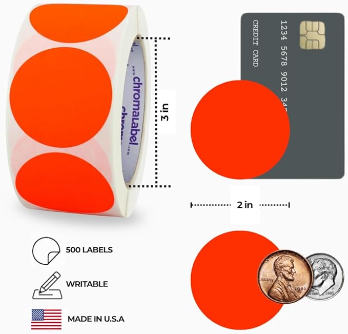 ChromaLabel 2 Inch Round Colored Stickers, High Visibility Permanent Sticky Dots Color Coding Labels, Easy to Write On Dot Stickers - 500 Sticker Dots per Roll, Matte Finish Fluorescent Red-Orange