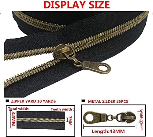 MebuZip #5 Antique Brass Metallic Nylon Coil Zippers by The Yard Bulk Coil Zipper Roll 10 Yards with 25pcs Pulls for DIY Sewing Craft Bags (Black)