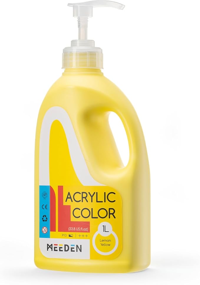 MEEDEN Lemon Yellow Acrylic Paint: 1 L /33.8 oz Satin Liquid Paint with Pump Lid - Soft Body Art Paints for Canvas, Studio, School, Wall & Poured Paintings