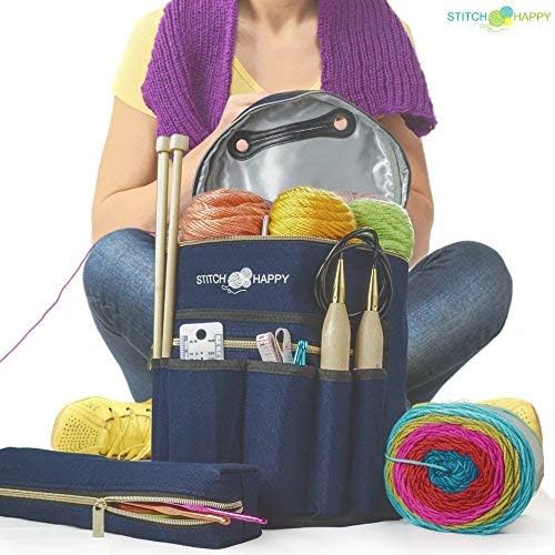 Designer Stitch Happy Knitting Starter Kit: 20 Piece Knitting Kit for Beginners & 7 Pocket Yarn Bag, Signature Yarn Storage - Navy