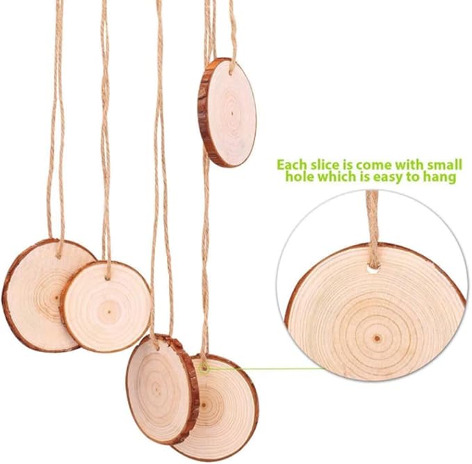 50pcs Wood Slices, BetterJonny 1.6-2 inch Undrilled Wooden Circles Predrilled with Hole Natural Wood Ornaments with 10 Meters Jute Rope for Arts DIY Craft